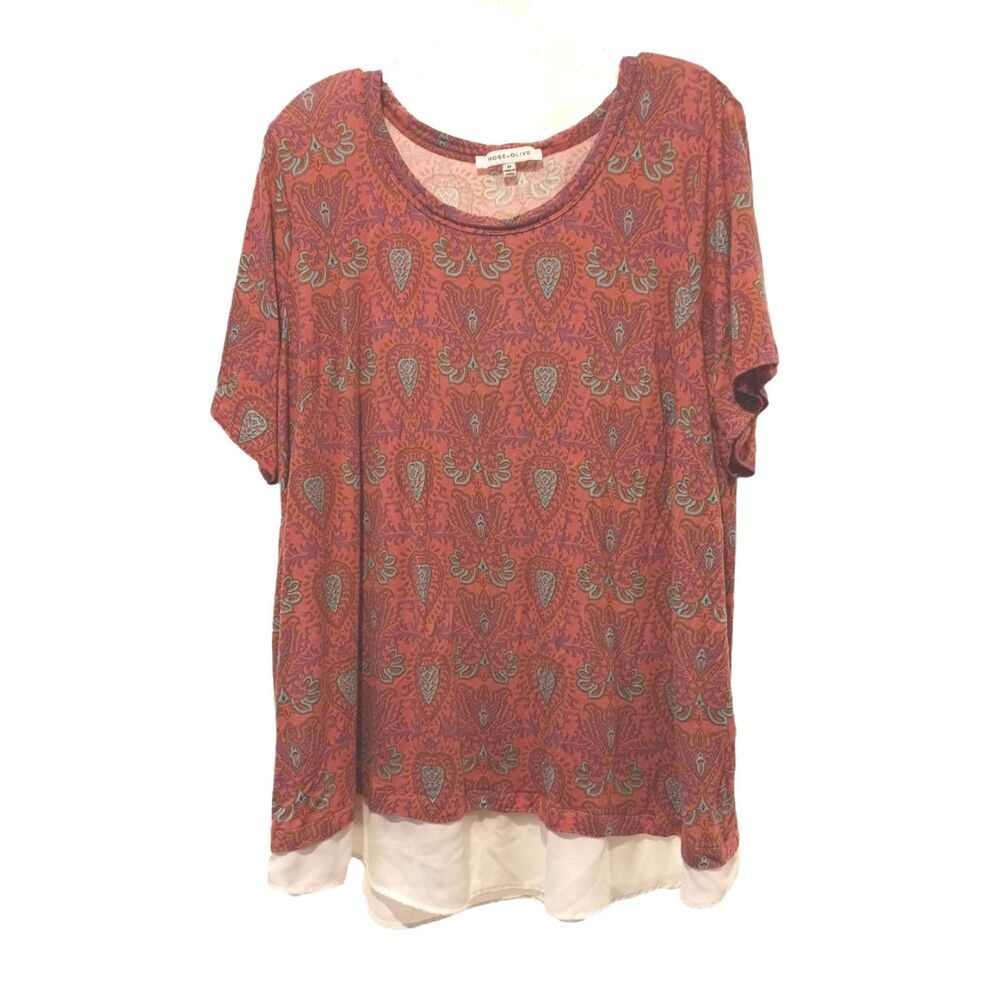 Rose + Olive Soft Peach Paisley Layer Look Tunic Top Plus Size 2X Comfortcore